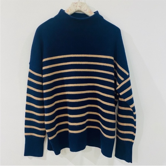 Magaschoni mock neck 100% cashmere stripe sweater in navy NEW - Picture 4 of 9